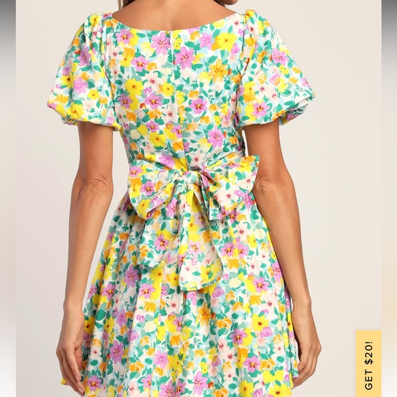 Lulus Attract Attention Multi Floral Puff Sleeve Tie Front Dress - Picture 2 of 4